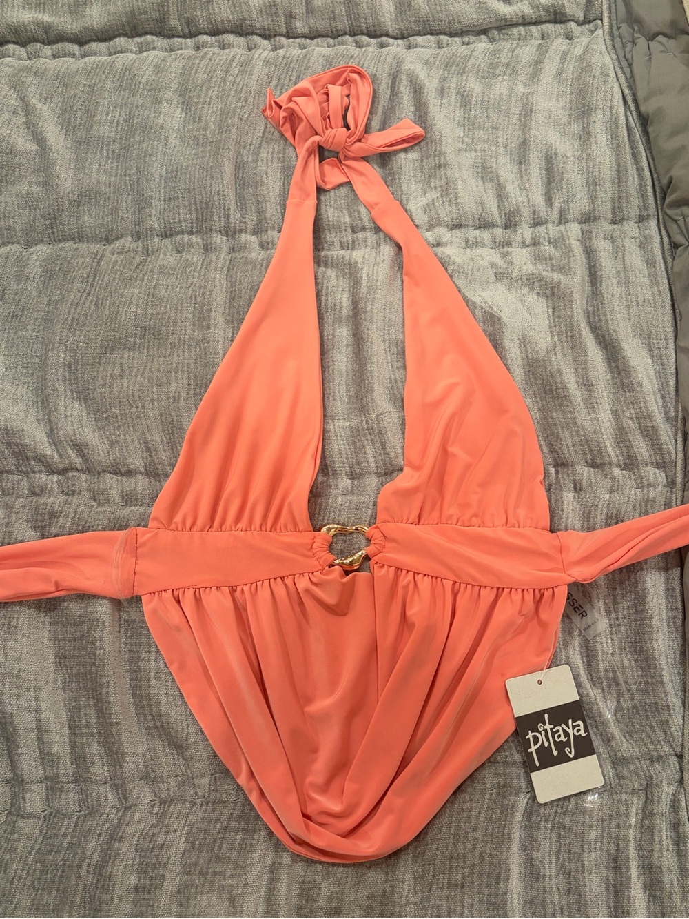 Pitaya Coral-Orange Halter One-Piece with Gold Ring